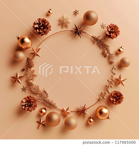 Christmas and New Year seasonal square template design with decorations and copy space for social media post. Gold color tone on golden plain background. AI generated. 117985000