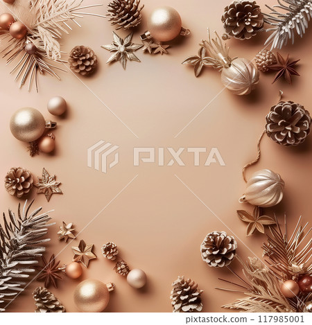 Christmas and New Year seasonal square template design with decorations and copy space for social media post. Gold color tone on golden plain background. AI generated. 117985001