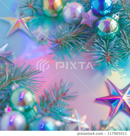 Christmas and New Year seasonal square template design with decorations and copy space for social media post. Glossy holographic color tone on pastel gradient background. AI generated. 117985011