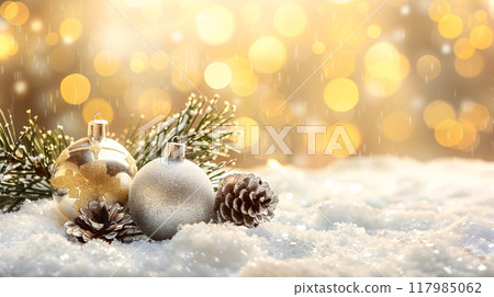 Christmas and New Year seasonal template background design with copy space for social media post. Close up of ornament balls with pinecone on gold bokeh background. AI generated. 117985062