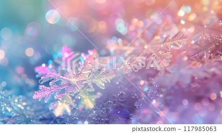 Christmas and New Year seasonal template background design with copy space for social media post. Close up of snowflakes in neon holographic color tone on bokeh background. AI generated. 117985063