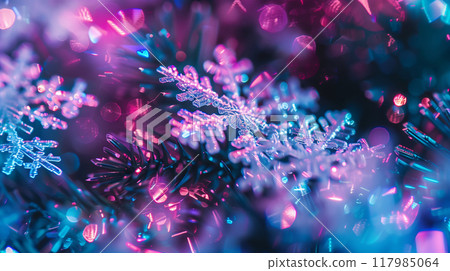 Christmas and New Year seasonal template background design with copy space for social media post. Close up of snowflakes in neon holographic color tone on bokeh background. AI generated. 117985064