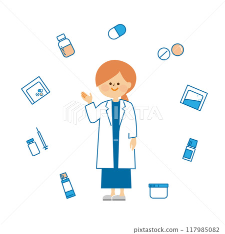 Pharmacist and various medicines Cute illustration material Pharmacist and various medicines Cute illustration material 117985082