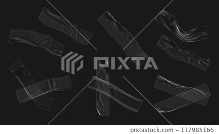 3d set of transparent adhesive plastic tape isolated on black background render. Clear crumpled sticky strip, piece of glued scotch band, cross patch or wrinkle cellophane film mockup. 3D illustration 117985166