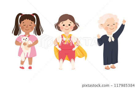Kind and Fair Little Girl with Cat and Wearing Court Dress and Superhero Cloak Vector Set Kind and Fair Little Girl with Cat and Wearing Court Dress and Superhero Cloak Vector Set 117985384