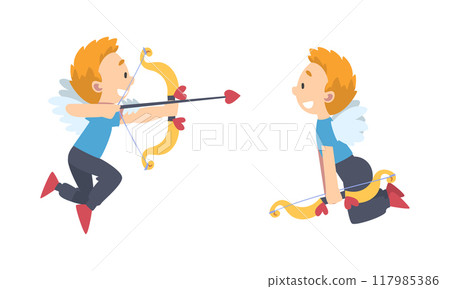 Funny Boy Cupid Character Flying with Wings Holding Bow and Arrow Vector Set Funny Boy Cupid Character Flying with Wings Holding Bow and Arrow Vector Set 117985386