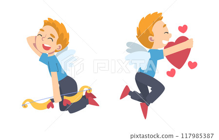 Funny Boy Cupid Character Flying with Wings Holding Bow and Arrow Vector Set 117985387