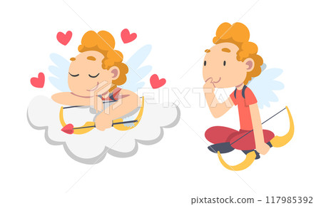 Funny Boy Cupid Character Flying with Wings Holding Bow and Arrow Vector Set 117985392