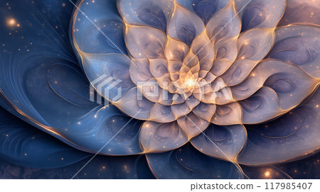 Explore the mesmerizing symmetry of a fractal lotus bloom, where art meets mathematics in an intricate digital design. 117985407