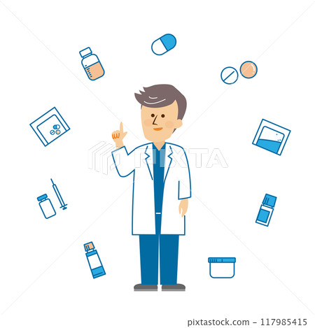 Pharmacist and various medicines Cute illustration material 117985415