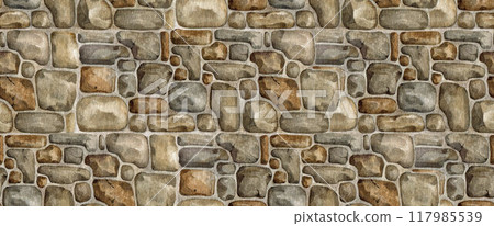 Stone wall surface seamless pattern. Watercolor illustration. Hand painted various stones, rocks, pebbles background natural landscape surface seamless pattern. Rocky wall background 117985539