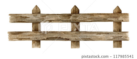 Wooden fence element. Watercolor vintage style painted illustration. Farm, ranch, village, countryside old wooden seamless fence. Outdoors element border isolated on white background Wooden fence element. Watercolor vintage style painted illustration. Farm, ranch, village, countryside old wooden seamless fence. Outdoors element border isolated on white background 117985541