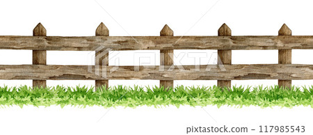 Wooden fence with green grass seamless border. Watercolor vintage style illustration. Outdoor old farm, ranch village, countryside wooden fence element on white background 117985543