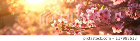 Beautiful pink sakura flowers blooming in spring, panoramic banner. Blossoming branch of Japanese cherry on a background of sunset. Beautiful pink sakura flowers blooming in spring, panoramic banner. Blossoming branch of Japanese cherry on a background of sunset. 117985618