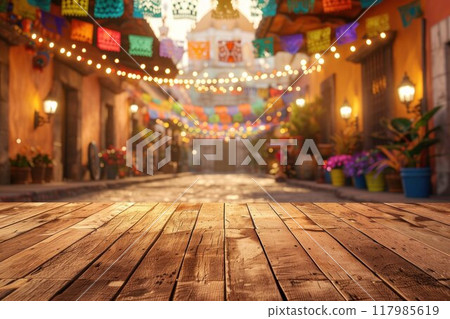 Empty wooden table and blurred background of street with colorful lights, product display montage Empty wooden table and blurred background of street with colorful lights, product display montage 117985619