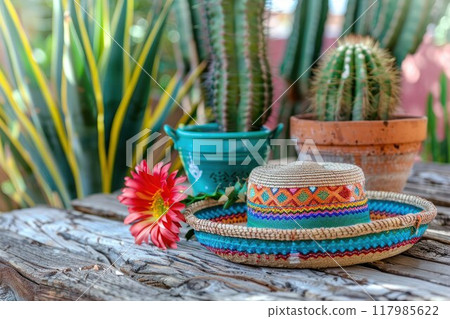 Mexican hat and cactus on wooden table, closeup view 117985622