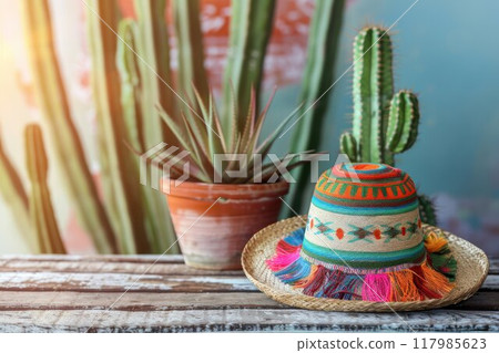 Mexican hat and cactus on wooden table, closeup view 117985623