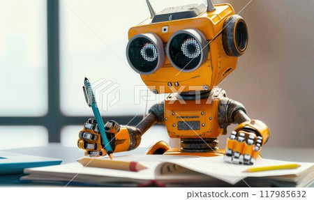 vintage robot with notebook and pencil on white background, education concept vintage robot with notebook and pencil on white background, education concept 117985632