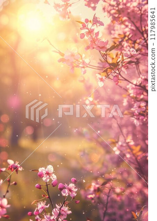 Beautiful cherry blossom sakura in spring time with soft focus. Blossoming branch of pink sakura flowers blooming in spring. 117985641