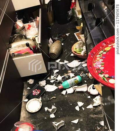 Kitchen in disarray after earthquake Kitchen in disarray after earthquake 117985678