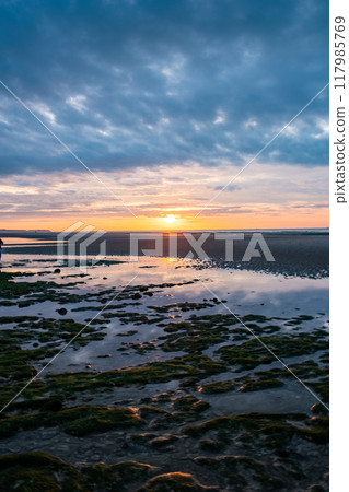 Serene beach sunset with beautiful clouds and reflective tide pools in peaceful nature landscape 117985769