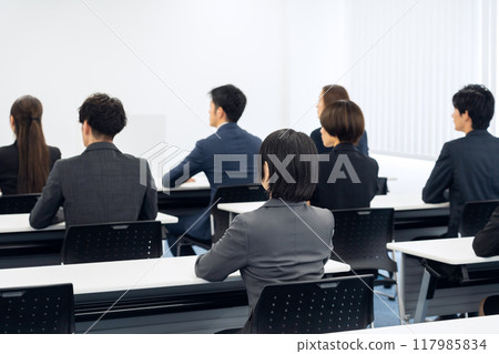 Male and female businessmen receiving training Male and female businessmen receiving training 117985834