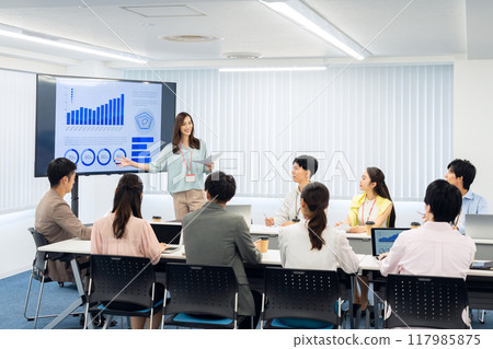 Male and female engineers having a meeting Male and female engineers having a meeting 117985875