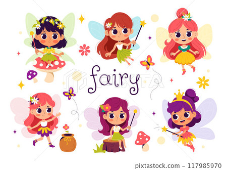 Beautiful Flying Fairy Vector Illustration with Elf, Landscape, Tree, and Green Grass in a Flat Style Kids Cartoon Background Beautiful Flying Fairy Vector Illustration with Elf, Landscape, Tree, and Green Grass in a Flat Style Kids Cartoon Background 117985970