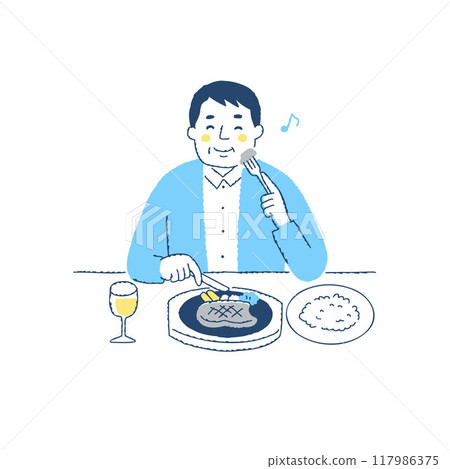 一個男人正在美味地吃牛排 一個男人正在美味地吃牛排 117986375