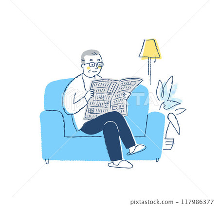 老人坐在沙發上看報紙 117986377