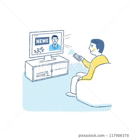 Man changing TV channel with remote control 117986378