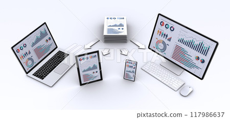 Computer equipment displaying piles of business documents and data, digitized image 117986637
