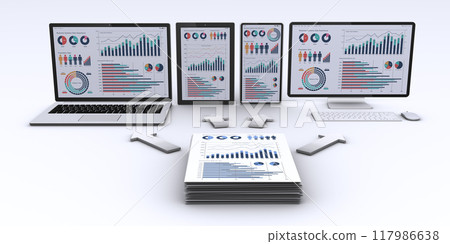 Computer equipment displaying piles of business documents and data, digitized image 117986638