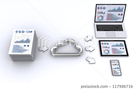 Business documents and cloud icons and computer equipment, cloud storage service flow chart 117986716