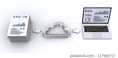 Laptop with business documents and cloud icons, cloud storage service flow chart 117986717