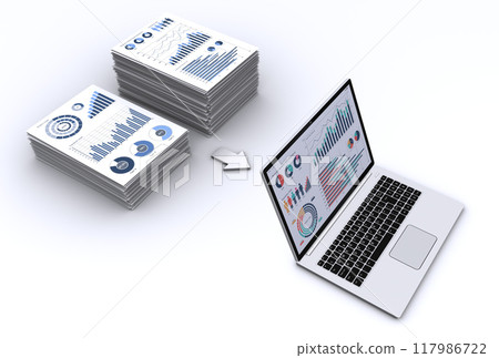 A laptop with piles of business documents and data, an image of digitalization 117986722