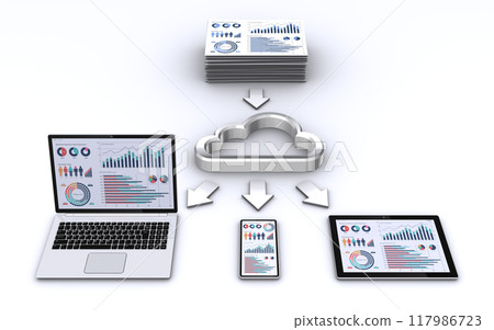 Business documents and cloud icons and computer equipment, cloud storage service flow chart 117986723