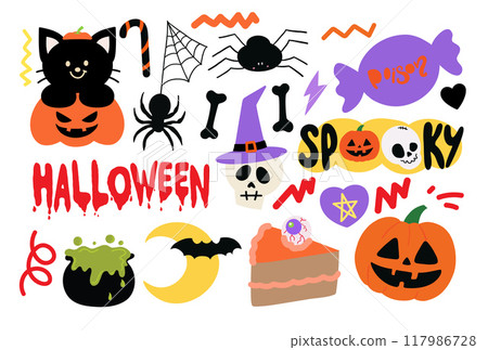 Halloween illustrations of head skull, black cat, pumpkin, spider, bat, witch hat, cake, poisonous soup for spooky decoration, cartoon character, costume, sticker, event, activity, standee, card print 117986728