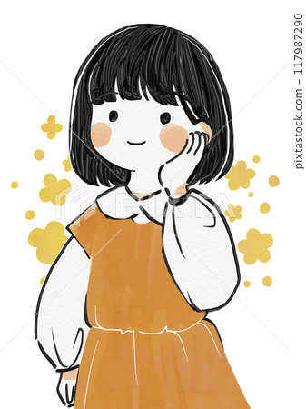 簡單可愛的手繪女孩，手捧鮮花，手托臉頰微笑 117987290