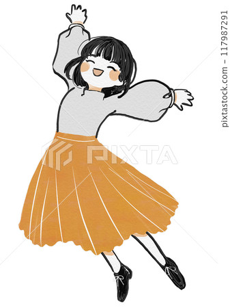 Simple and cute hand-drawn girl - Happy! Jumping with a smile Simple and cute hand-drawn girl - Happy! Jumping with a smile 117987291