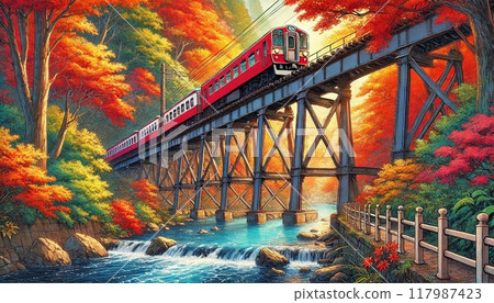 Autumn train crossing an iron bridge 117987423