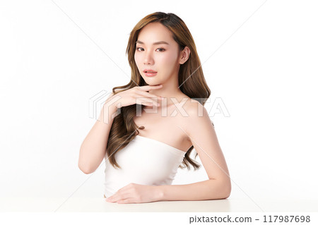 Beautiful young asian woman with clean fresh skin on white background, Face care, Facial treatment, Cosmetology, beauty and spa, Asian women portrait. 117987698
