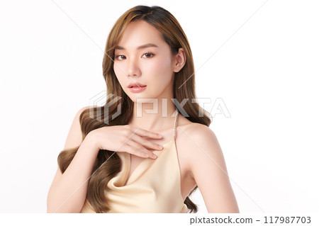 Beautiful young asian woman with clean fresh skin on white background, Face care, Facial treatment, Cosmetology, beauty and spa, Asian women portrait. Beautiful young asian woman with clean fresh skin on white background, Face care, Facial treatment, Cosmetology, beauty and spa, Asian women portrait. 117987703