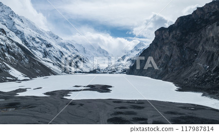Aerial view of high altitude mountain and lake landscape in tibet, China Aerial view of high altitude mountain and lake landscape in tibet, China 117987814