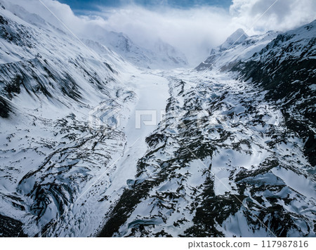 Aerial view of high altitude glacier in tibet, China Aerial view of high altitude glacier in tibet, China 117987816