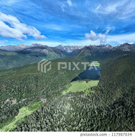 Aerial view of beautiful high altitude forest lake mountain landscape Aerial view of beautiful high altitude forest lake mountain landscape 117987834