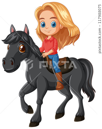 Girl Riding a Black Horse 117988075