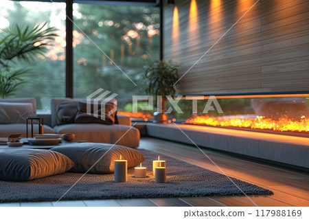 Modern living room with a fireplace and a few candles on a rug. Scene is cozy and relaxing 117988169