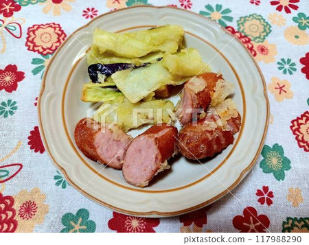 Eggplant and sausage tempura Eggplant and sausage tempura 117988290