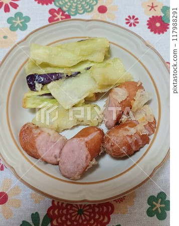 Eggplant and sausage tempura 117988291